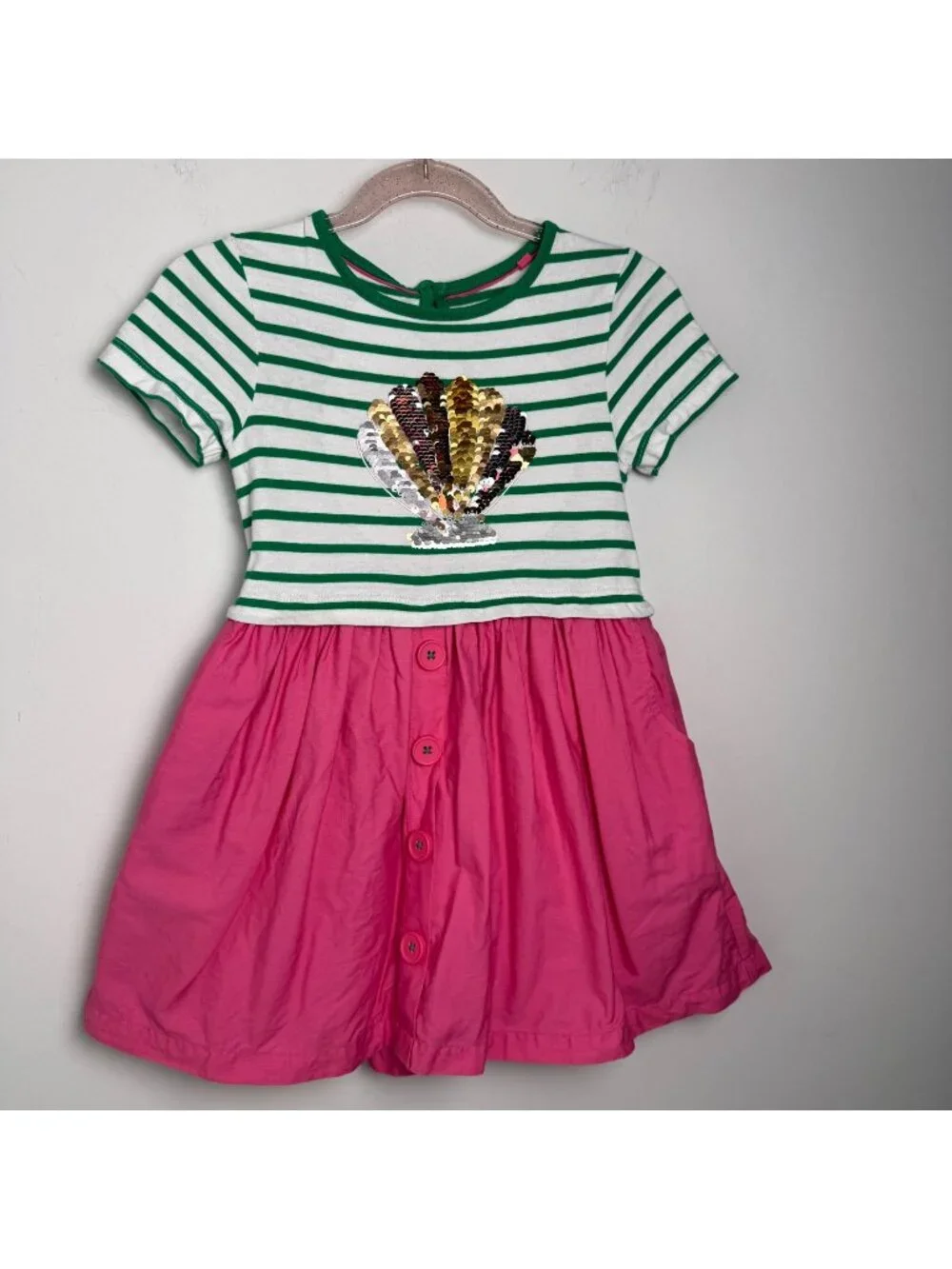 Mini Boden Girls Sequin Seashell Dress 3-4Y Cotton Pockets Beach Vacation